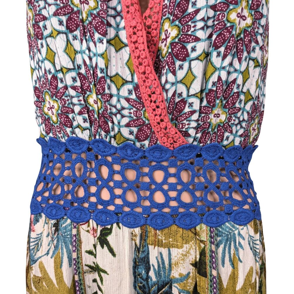 NWT Chelsea & Violet Tropical Patchwork Halter Maxi Dress Lace Tassel Resort L - Picture 5 of 11